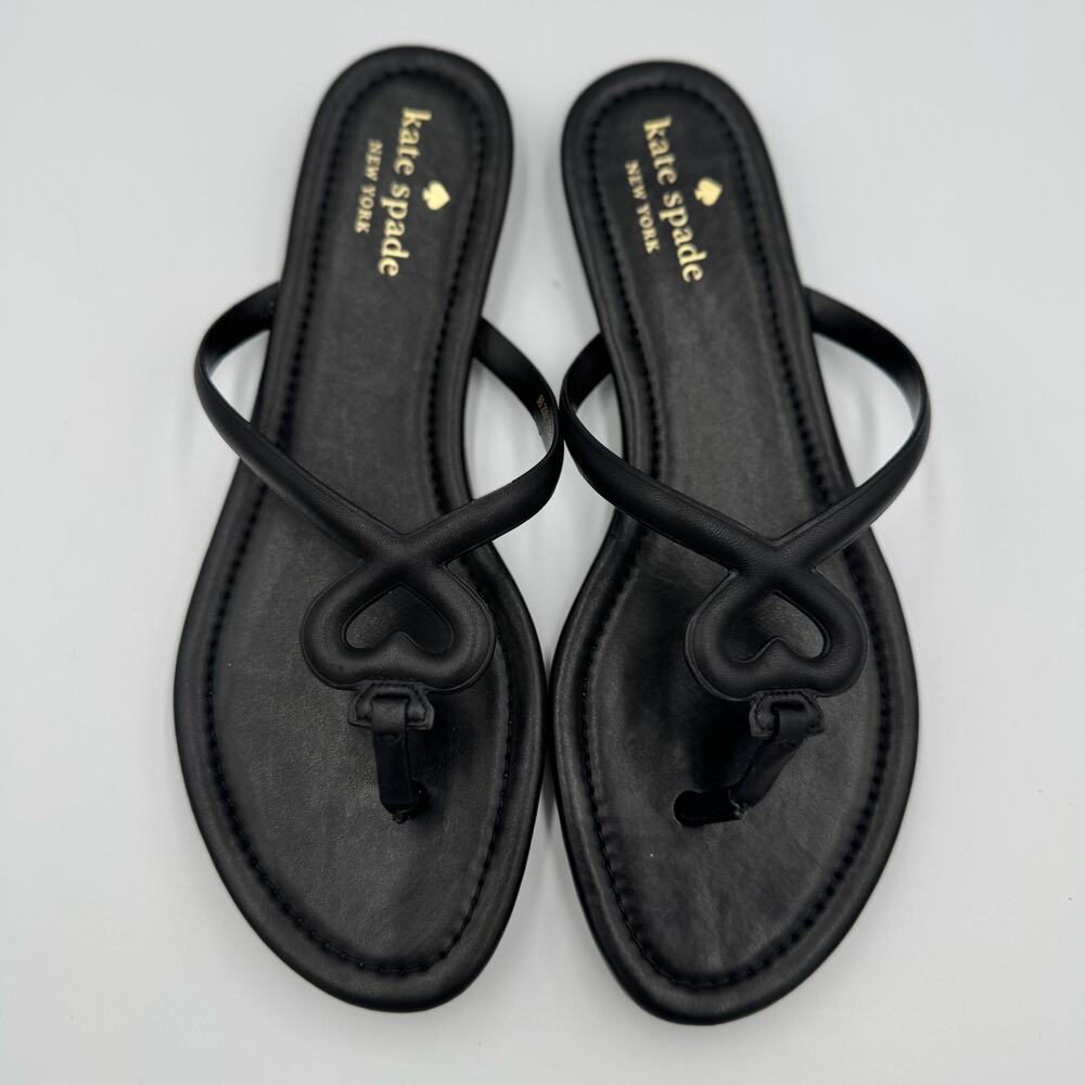 Kate Spade Pamela Black Napa Leather Heart Thong Sandal Flat Slide 9 39.5 Resort - Picture 8 of 13